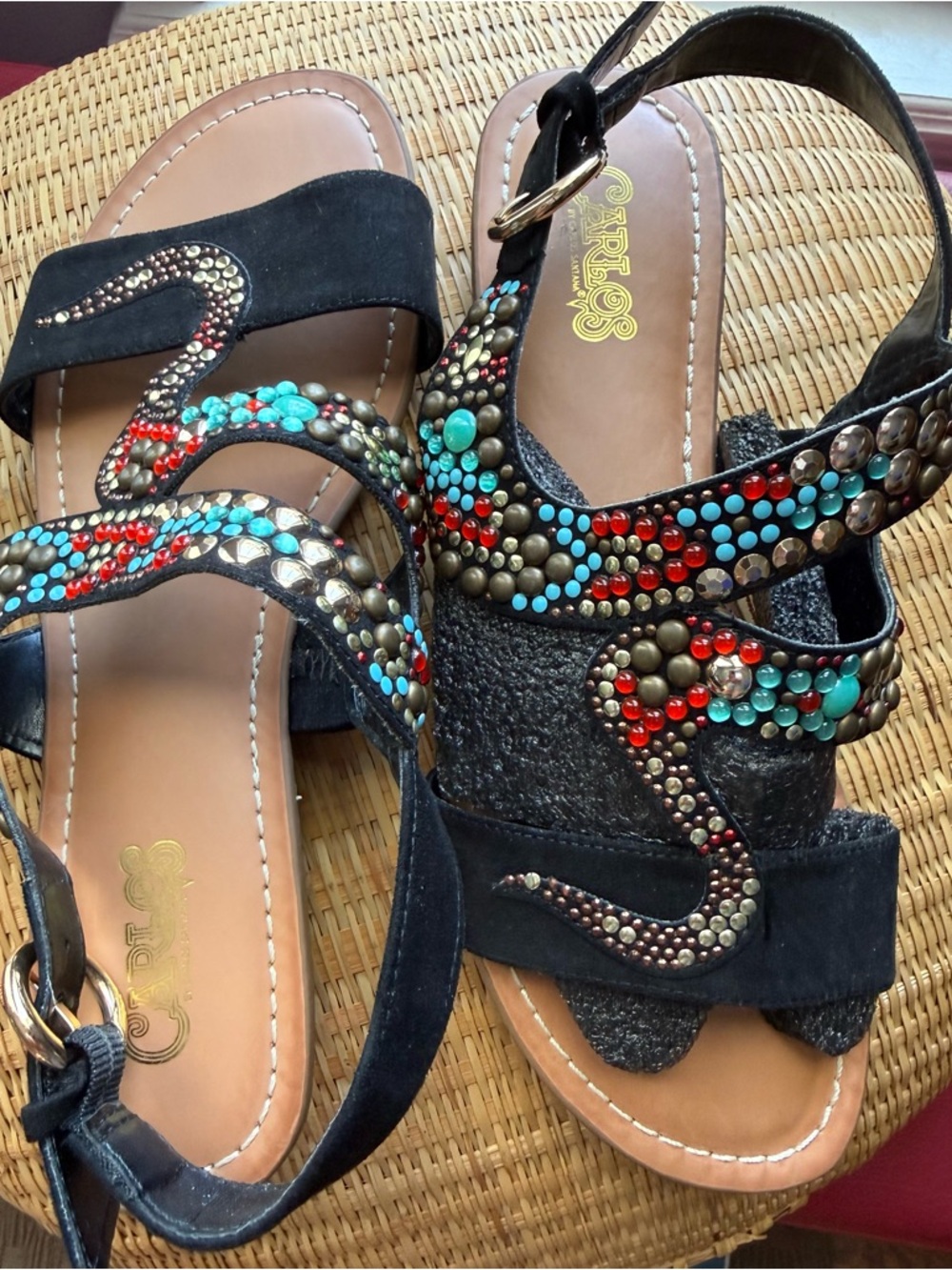 Carlos Santana Women's Sandals Black Turquoise Gold and Red beaded Boho Like New - Picture 7 of 9